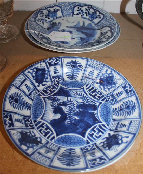 Pair 19C Chinese blue & white plates, painted lake & pagoda scene & two other blue & white plates